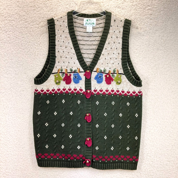 The Quaker Factory Christmas Knit Sweater Vest Women Sze L Button Up Embroidered - Picture 1 of 11
